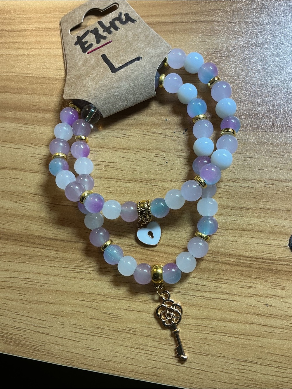 Pink & White Beaded Stretch Bracelet Set with Gold Key Charm